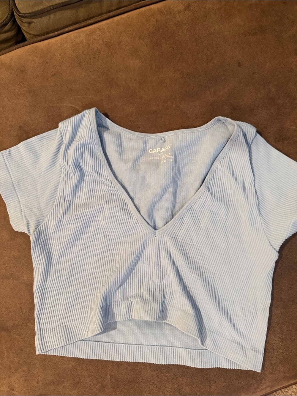 Garage Light Blue Ribbed V-Neck Crop Top with Pink Tank Layer